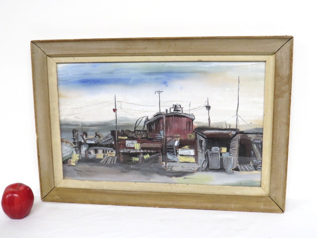 Mid-Century Watercolor Tugboat & Dry Dock Painting: A watercolor on paper rendering of an old waterfront scene possibly with a tugboat hull and other materials, mid-century, no signatures found, original framing measuring 25.5" x 17" in size, painting