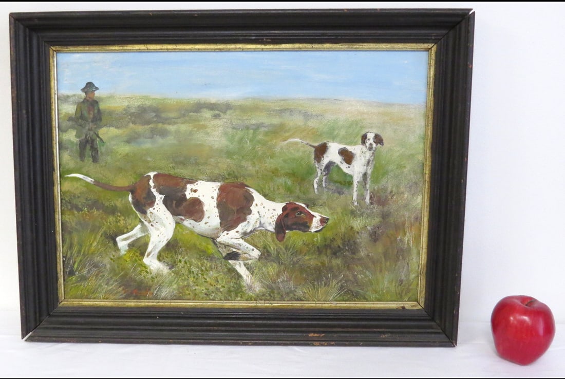 Framed Oil On Canvas of Two German Shorthairs On The Hunt Signed McReedy: A framed oil on canvas of two German shorthair pointers on the hunt, with their owner carrying the shotgun in the background. Signed McReedy, measuring 23.5" x 17.75" framed.