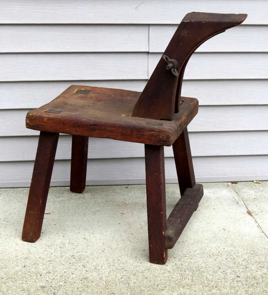 19th C. Saddle or Harness Maker's Bench: Early saddle / harness maker's bench. An interesting version as most were operated with a foot lever to control the jaw pressure, but this one seems to have a hinged jaw on one side and large thumbscr