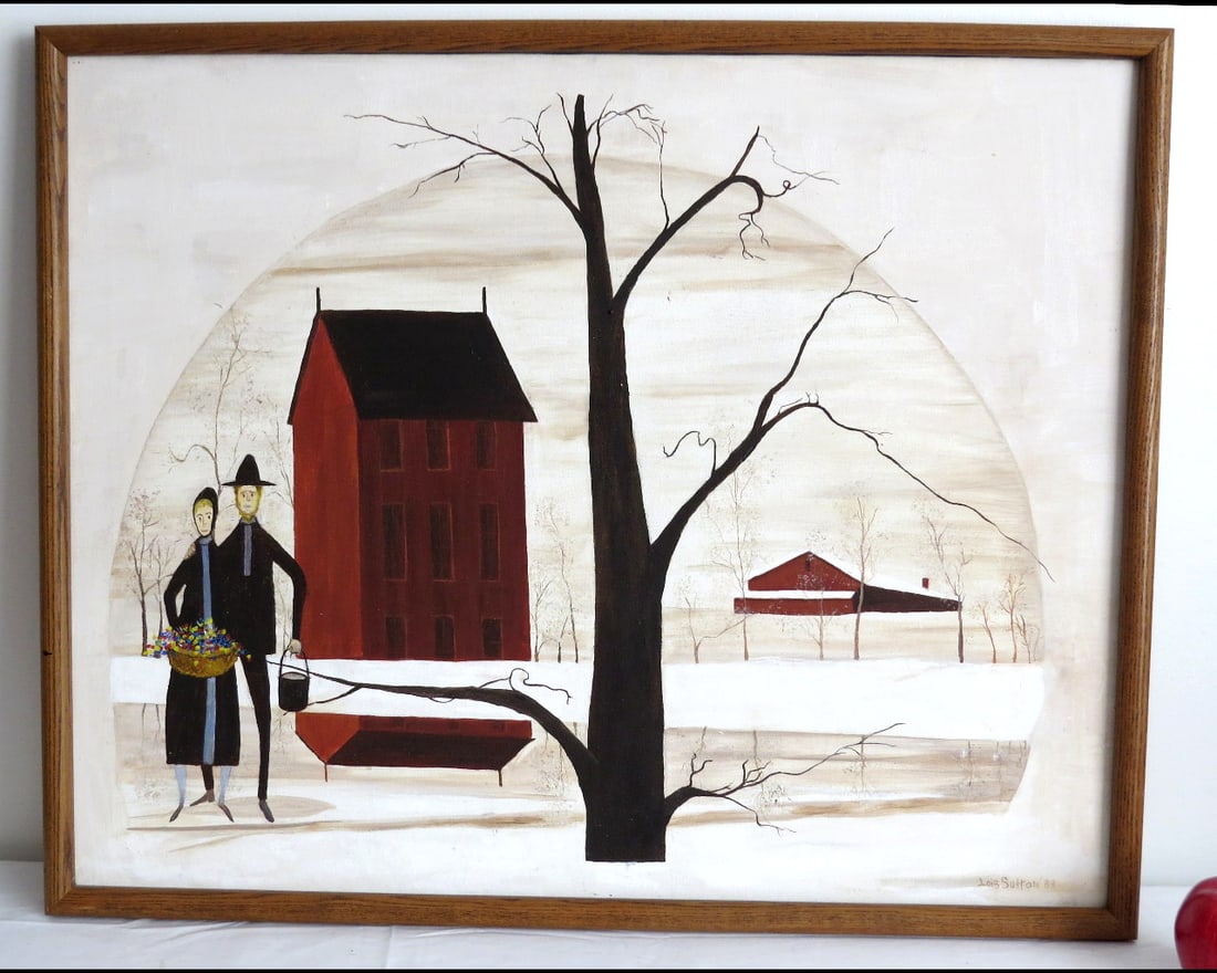 After P. Buckley Moss (1933-2024) Unity Oil On Canvas by Lois Sutton c.1988: An original o/c signed Lois Sutton 88 in the manner of well listed folk artist Patricia Buckley Moss (1933-2024) whose original work was titled Unity. Incredibly accurate to Moss's original watercolor