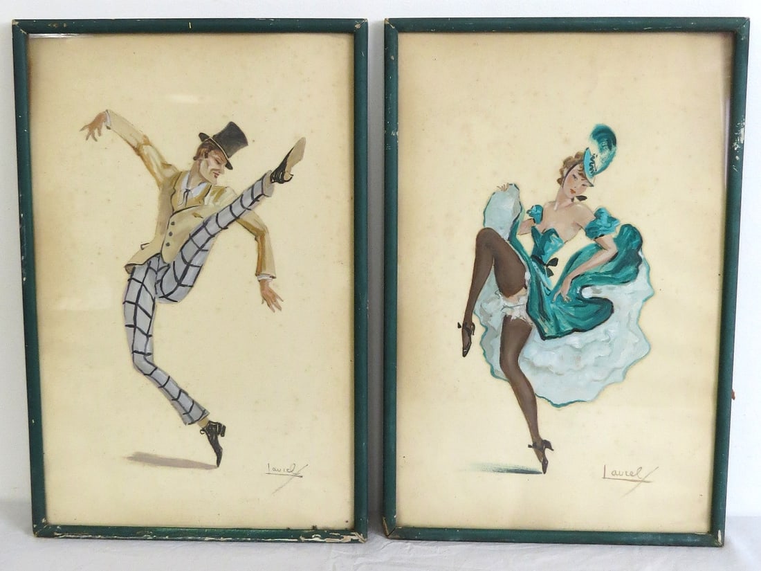 After Alice Huertas - French Moulin Rouge' Dancers: Two original watercolor's, signed Laurel or Lauzel, on French BTK Rives paper of dancers, male & female in a very Art Deco style. Very similar to the work of Alice Huertas who is known for these types