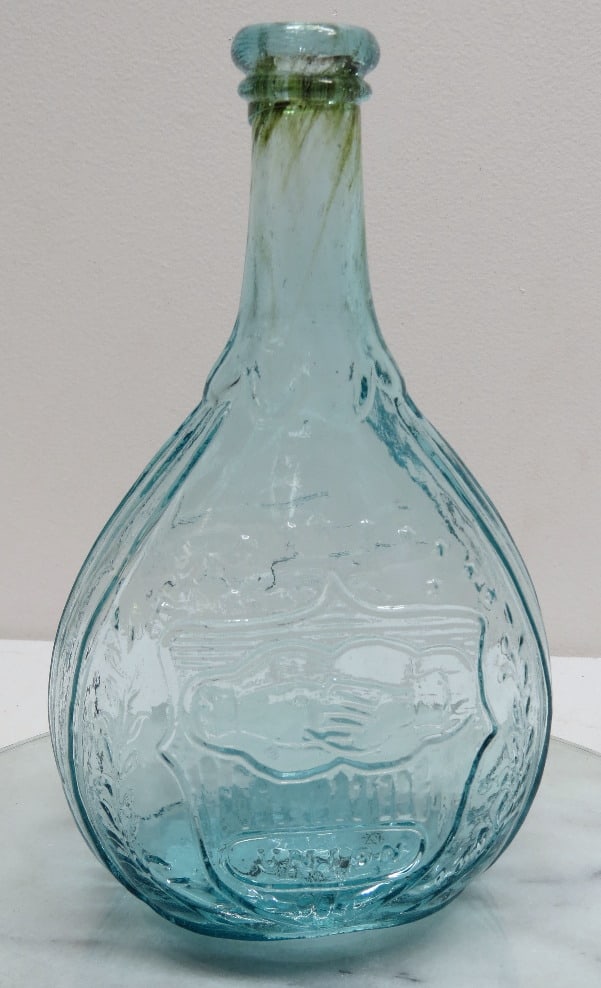 GXII-43 Union Clasped Hands I.P. Historical Flask Calabash: A stellar example of the GXII-43 Union Clasped Hands / Eagle Calabash with iron pontil in a nice icy blue color with great olive amber striations all through the mouth and neck. No damage, approx 9.5"