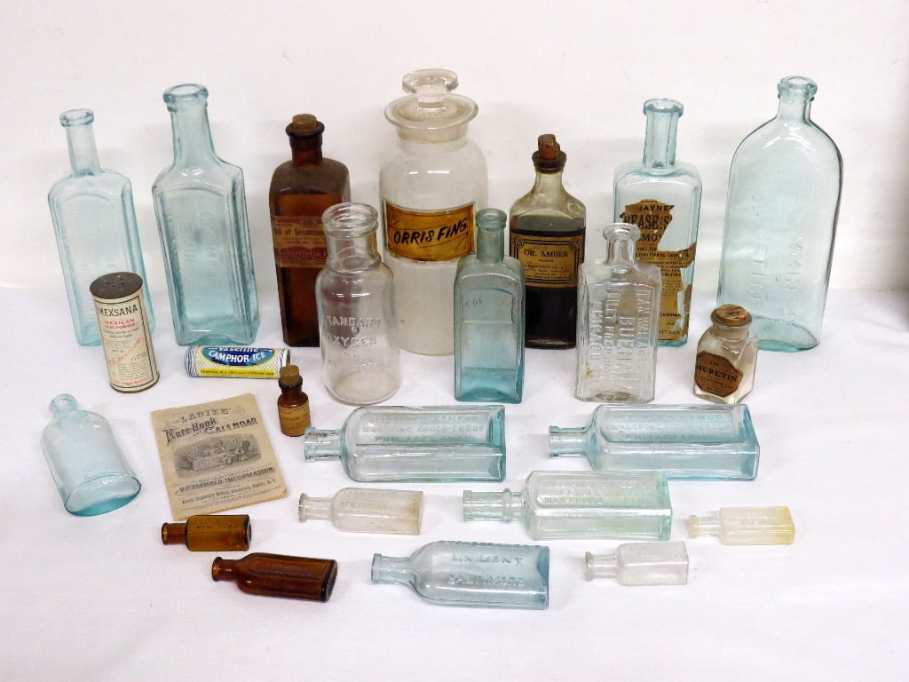 A Table Lot of 1880-1920's Blown Medicines & Pharmacy / Apothecary Bottles (1 of 20)