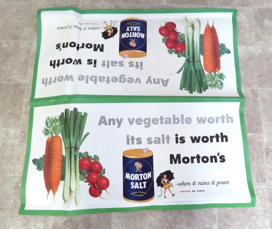 Vintage Morton's Salt Advertising Poster: Double sided mid-century advertising poster for Morton's Salt, measuring 36" x 36" square. Some fold marks it was found lining the bottom of an old dresser drawer, but not so severely creased that onc