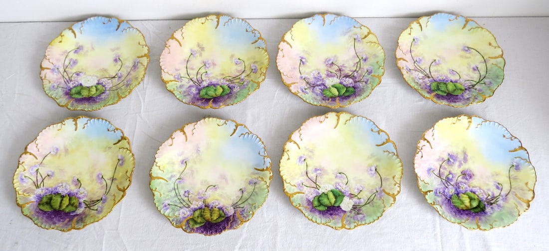 Set of Eight Porcelain Limoges Violet Decorated Plates with Scallop Rims (1 of 6)
