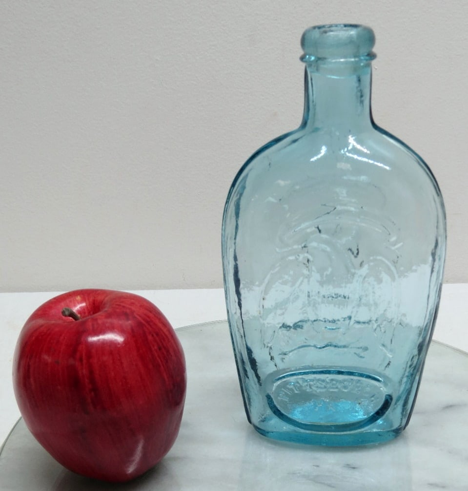 GII-106 Pittsburgh Double Eagle Pint w/Medicine Lip: A stellar example of a GII-106 Double Eagle pint in a deep aqua, a hint of cornflower color in natural light with a rather scarce medicine type lip application vs. the more commonly seen banded collar