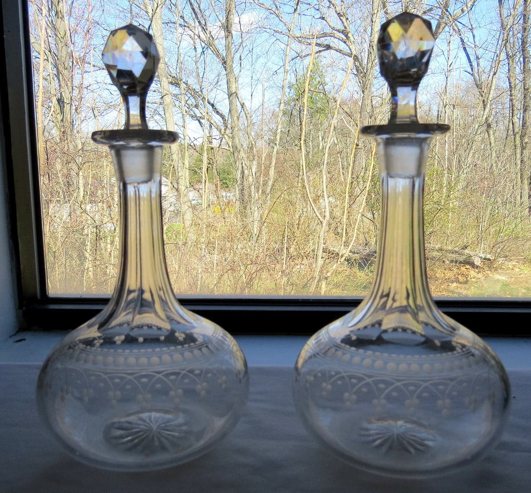Pair of Copper Wheel Cut late 19th C. Decanters w/Stoppers (1 of 15)