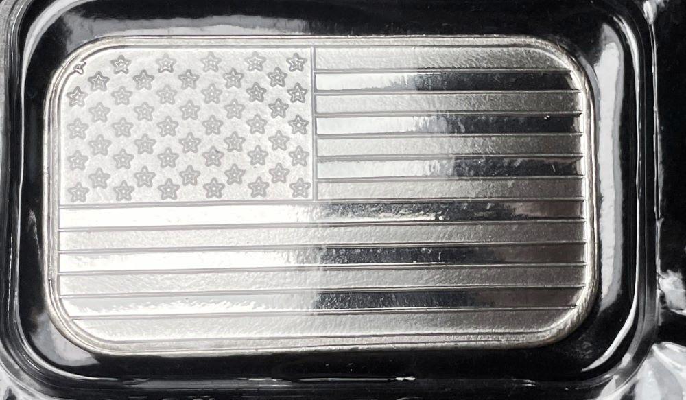 American Flag 1 ozt .999 Silver Bar: Winner shall receive the exact bar shown here. (JM/B)