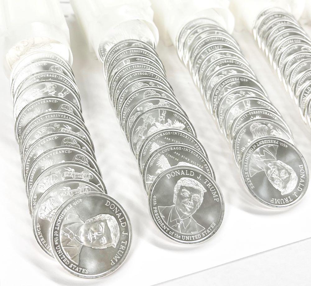 Roll (20-coins) Donald K. Trump .999 Silver 1 ozt: Winner shall receive (20) coins precisely resembling the coins shown here. (IB/UOB)