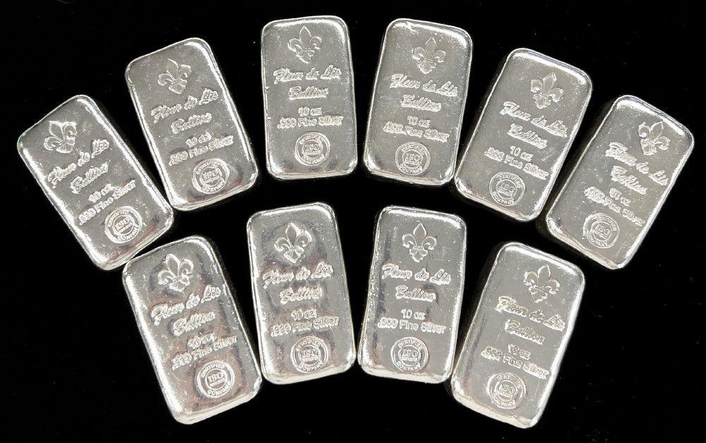 (10) 10 oz .999 Fine Silver Fleur De Lis Bullion Bars (1 of 6)
