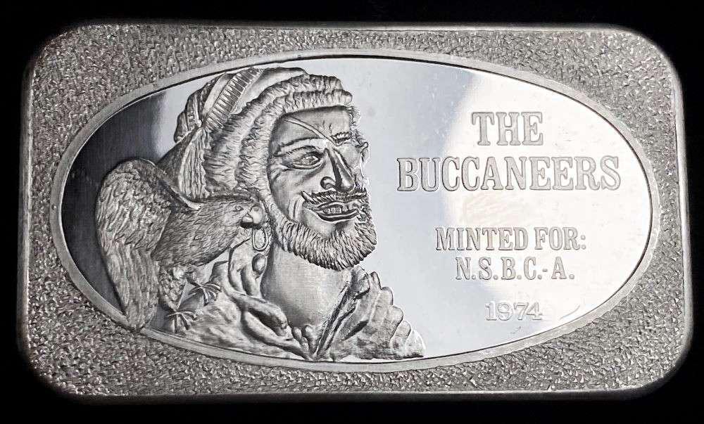 The Buccaneers United States Silver Corporation 1 ozt .999 Silver Bar: Winner shall receive the exact bar shown here. (RR)