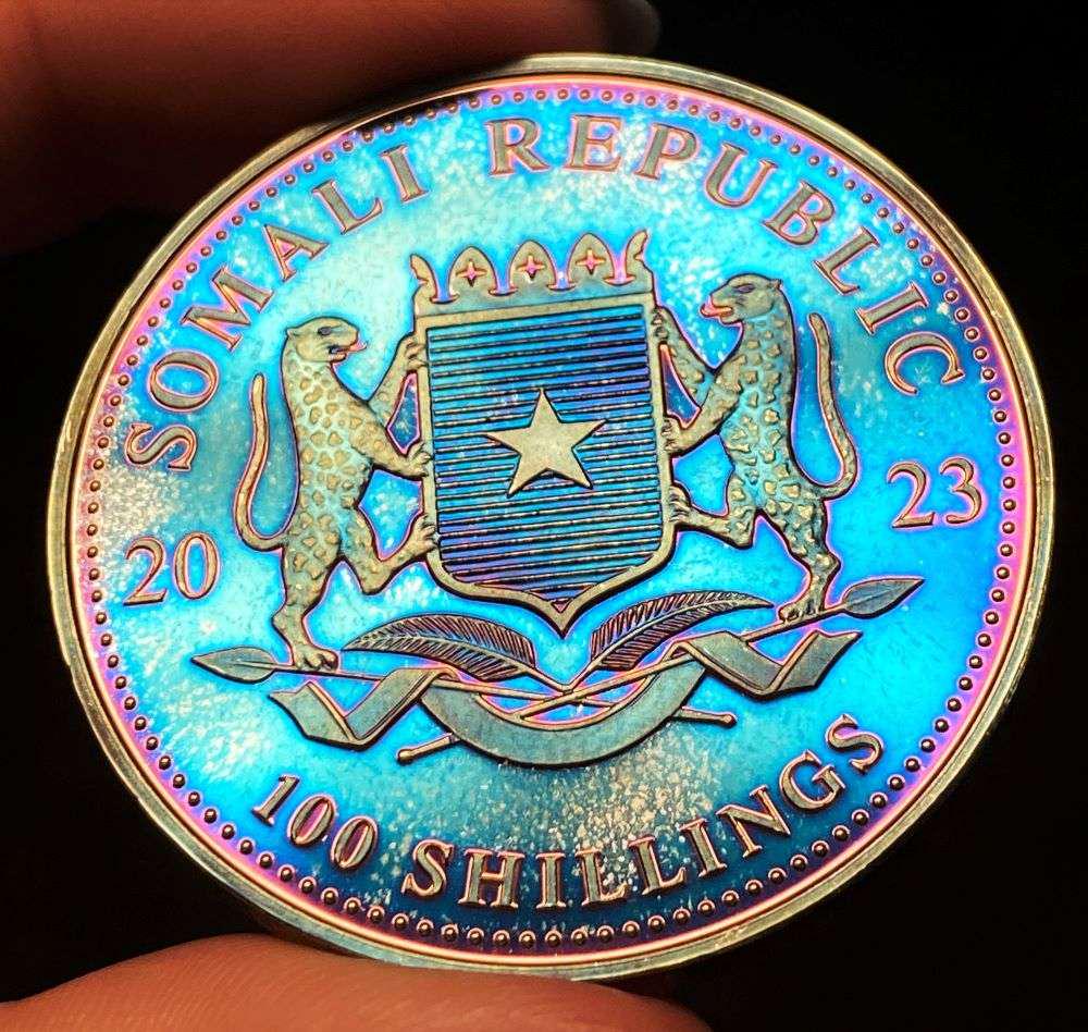 2023 Electric Blue Toning Somali Republic African Wildlife Elephant Proof 1 ozt .9999 Silver: Winner shall receive the exact coin shown here. (JM/B)