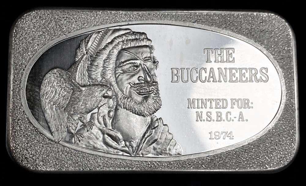 The Buccaneers United States Silver Corporation 1 ozt .999 Silver Bar: Winner shall receive the exact bar shown here. (RR)
