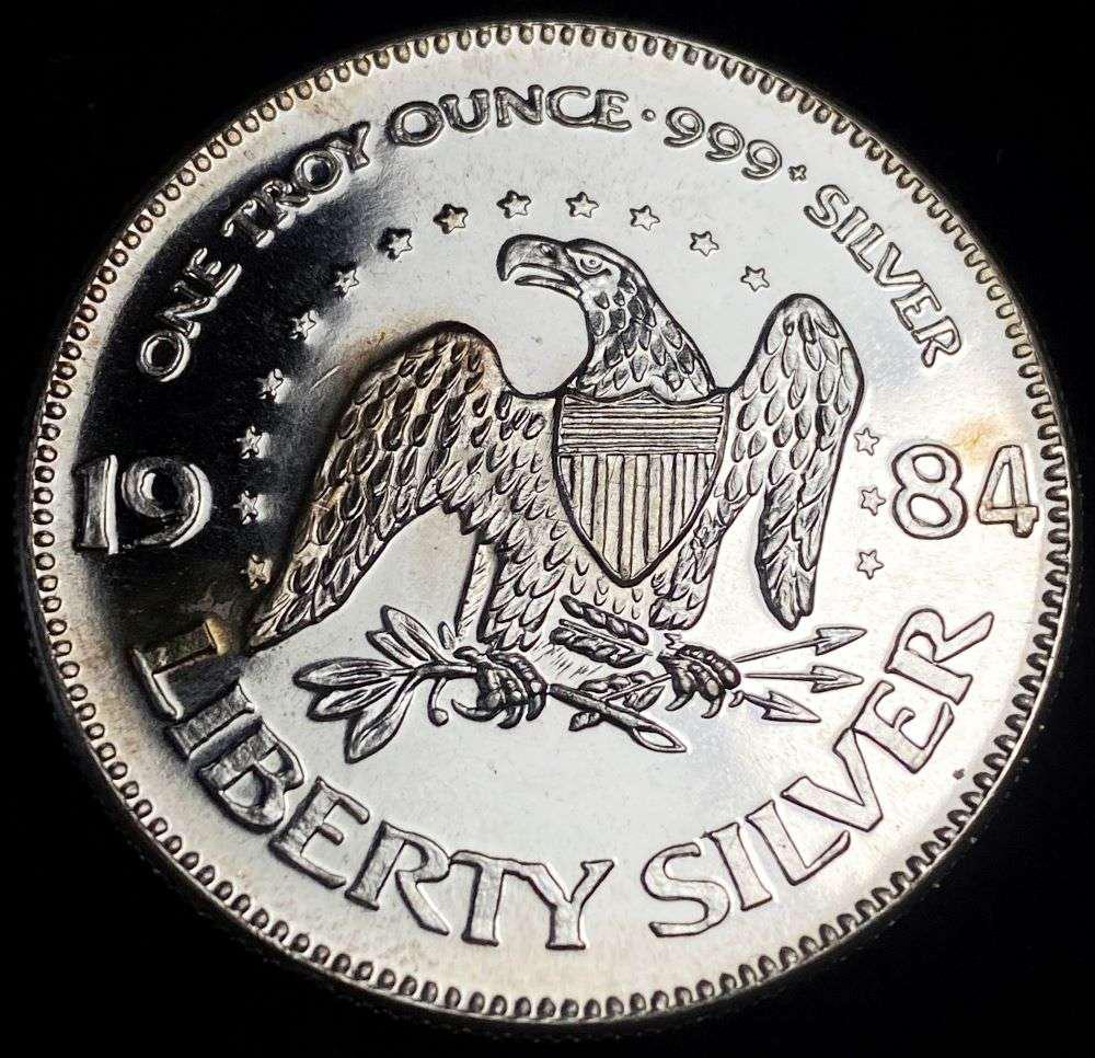 1984 A-Mark "Life Liberty Happiness" Proof 1 ozt .999 Silver: Winner shall receive the exact coin shown here. (RR/B)