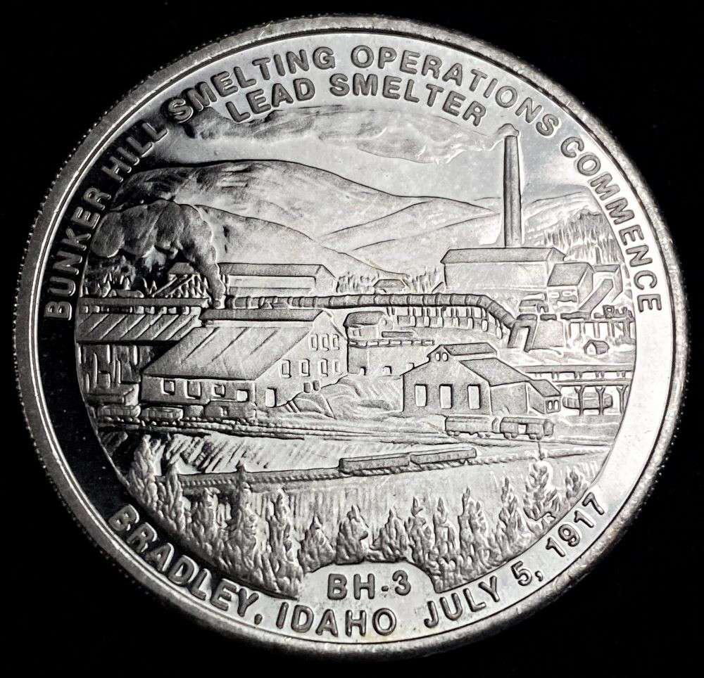 1982 Bunker Hill Co. "Lead Smelter" Kellogg Idaho Proof 1 ozt .9995 Silver: Winner shall receive the exact coin shown here. (RR)