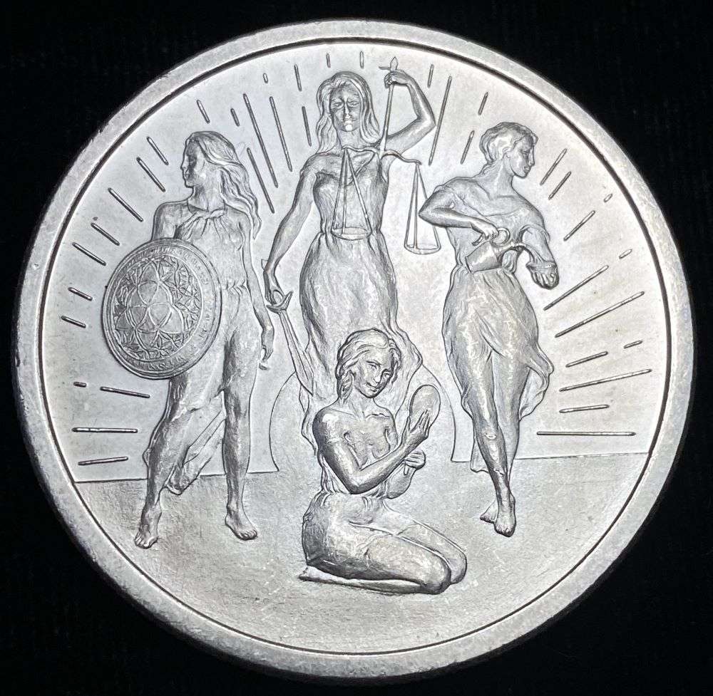 2020 Rising Virtues Silver Shield 1 ozt .999 Silver: Winner shall receive the exact coin shown here. (RR)
