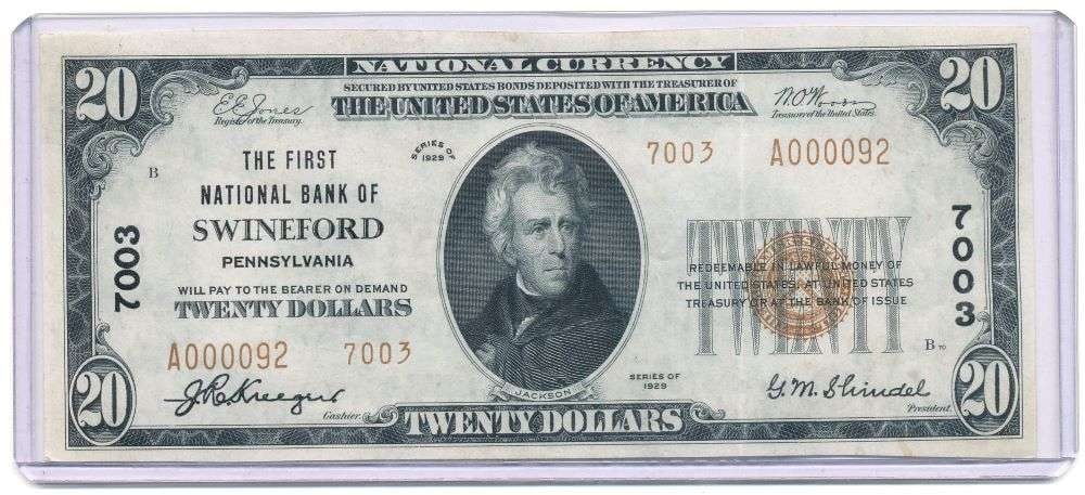 Low Serial 1929 The First National Bank Of Swineford Pennsylvania $20 Note XF/AU: Winner shall receive the exact note shown here. (RR)
