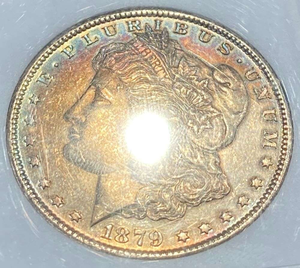 Toned 1879-S Morgan Silver Dollar MS64: Winner shall receive the exact coin shown here. (RR/RB)