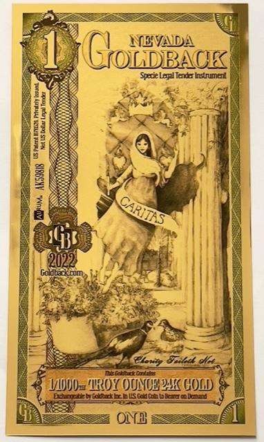 2022 Nevada Goldback $1 Aurum 1/1000 ozt 24kt Gold Foil Note Caritas (1 of 3)