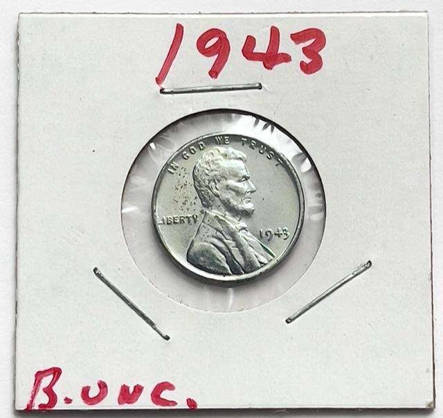 1943 Lincoln Wheat Steel Cent BU: Winner shall receive the exact coin shown here. (SJ/B)