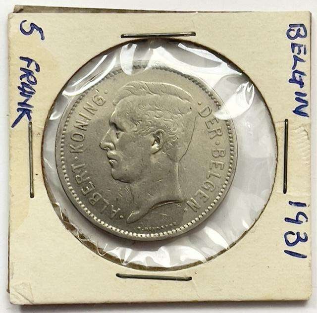 1931 Belgium 5 Francs Dutch Text "AU": Winner shall receive the exact coin shown here. (SJ/B)