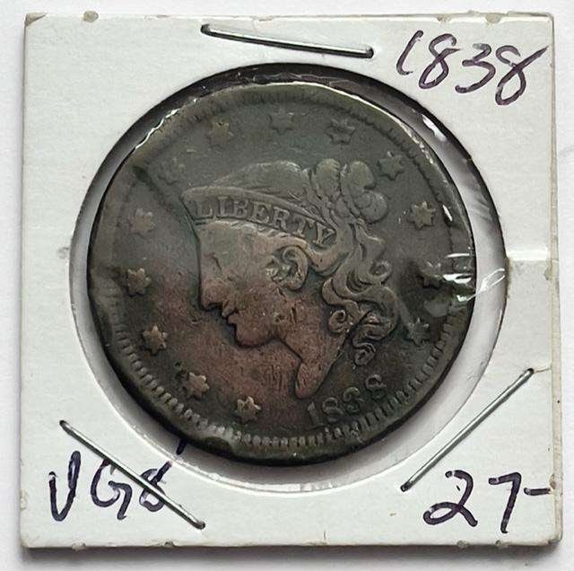 1838 Coronet Head Large Cent: Winner shall receive the exact coin shown here. (SJ/B)