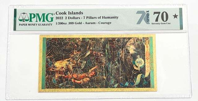 2022 PMG 70 Pillars of Humanity "Courage" 1/200 oz .999 Gold Aurum $2 Note: Winner shall receive one (1) gold foil note precisely resembling the one shown here. (SJ/B)
