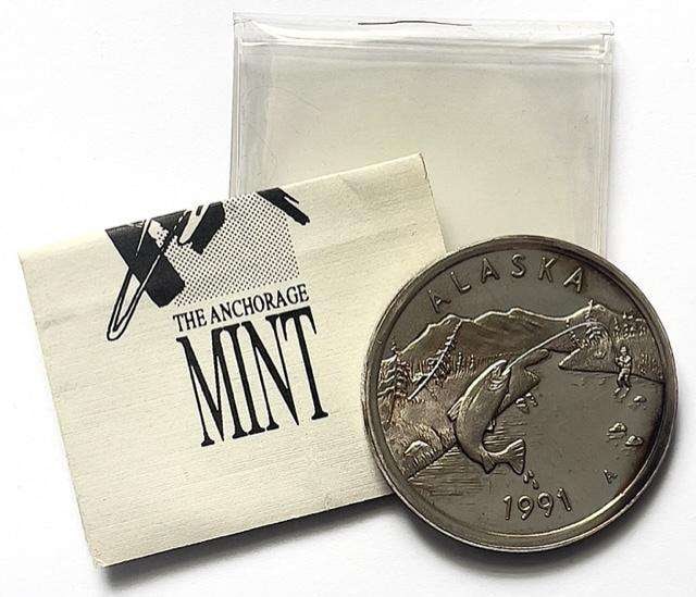 1991 Anchorage Mint Salmon Fisher Design 1 ozt .999 Fine Silver Coin: Winner shall receive the exact coin shown here. (SJ/B)