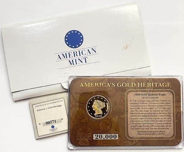 2009 American Mint 1848 Gold Quarter Eagle 24kt Layered Proof Replica: Winner shall receive the exact coin shown here. (SJ/B)