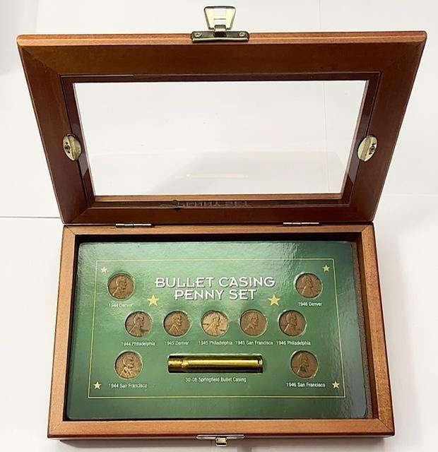 1944-1946 WWII Bullet Casing & Lincoln Wheat Cents Coin Set (9-coins) No COA: Winner shall receive the exact (9-coins) shown here. (SJ/B)