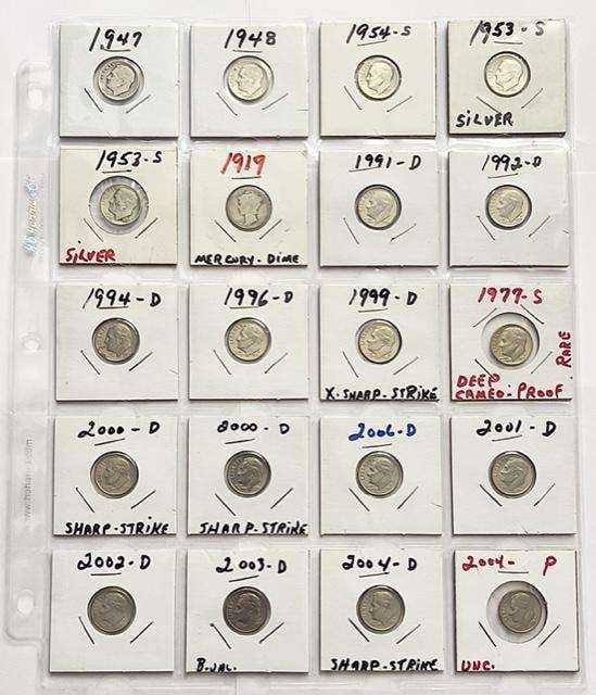 One Sheet (19) 1947-2006 Roosevelt Dimes (5 Silver) (1) 1919 Mercury Silver Dime (20-coins) (1 of 5)