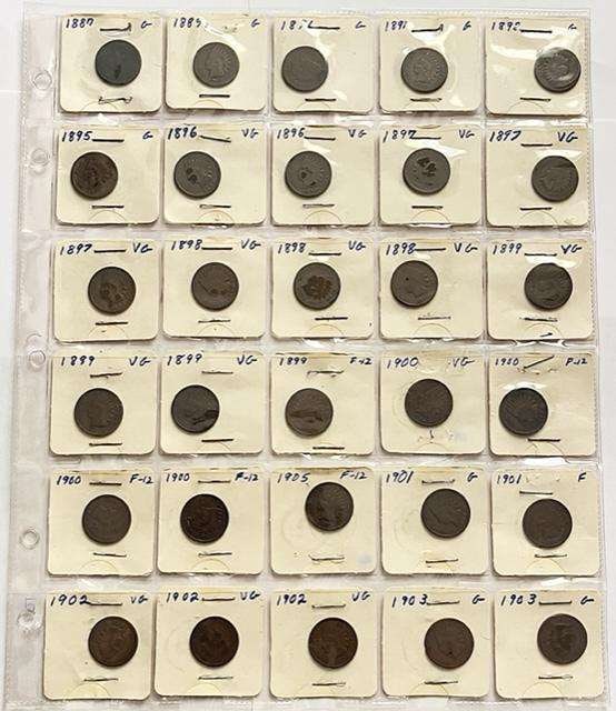 One Sheet 1887-1903 Indian Head Small Cents (30-coins): Winner shall receive the exact (30-coins) shown here. (SJ/B)