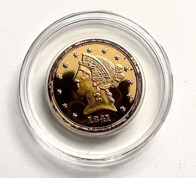 1841 Gold Eagle Braided Hair Proof $5 Gold Plated Replica: Winner shall receive the exact coin shown here. (SJ/B)