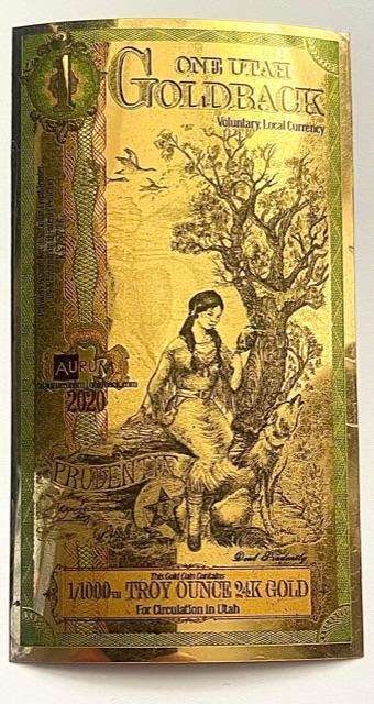 2020 Utah Goldback $1 Aurum 1/1000 ozt 24kt Gold Foil Note Prudentia: Winner shall receive the exact gold note shown here. (SJ/B)