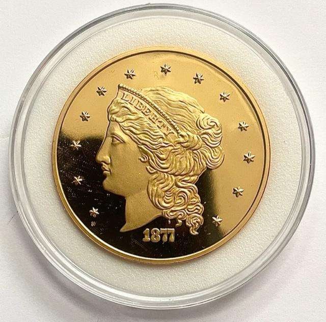 2003 Lady Liberty 1877 Gold Plated $50 Proof Replica: Winner shall receive the exact coin shown here. (SJ/B)