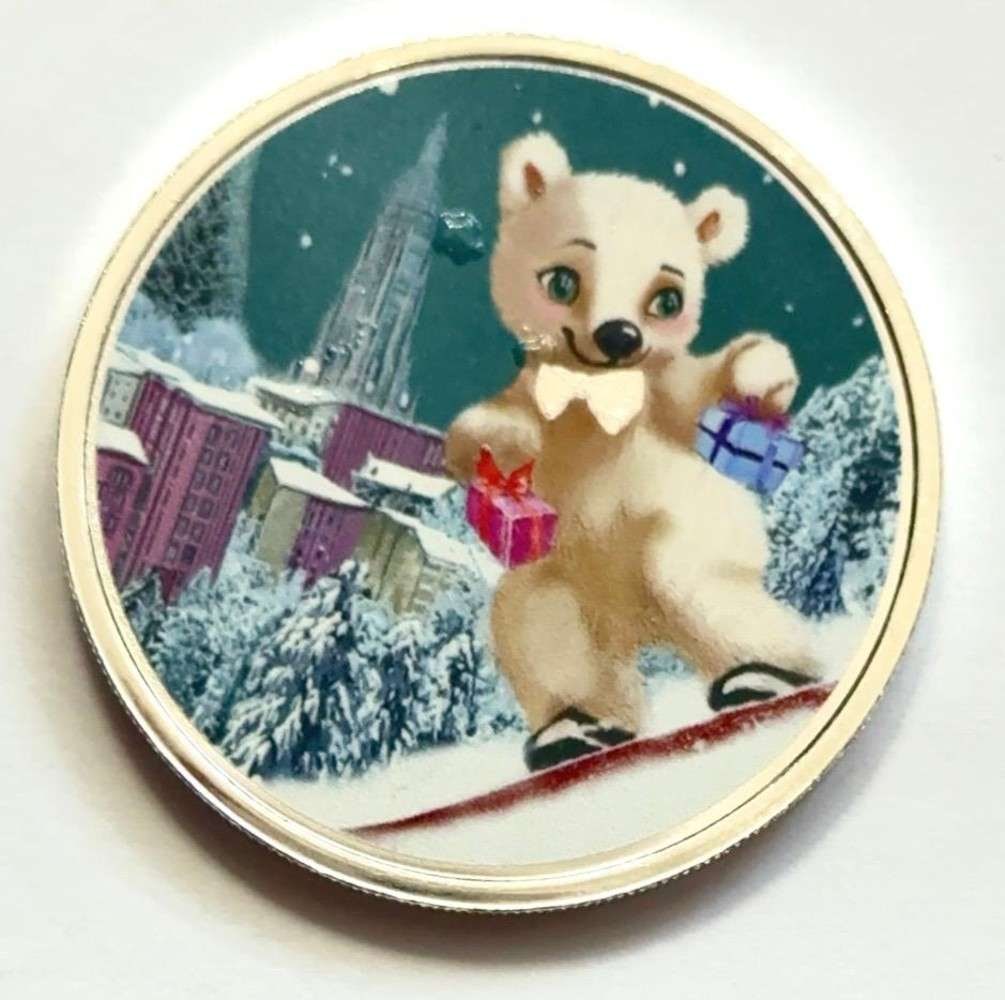 Scottsdale Mint Polar Bear Snowboarding Colorized 1 ozt .999 Silver: Winner shall receive the exact round shown here. (SJ/FT)