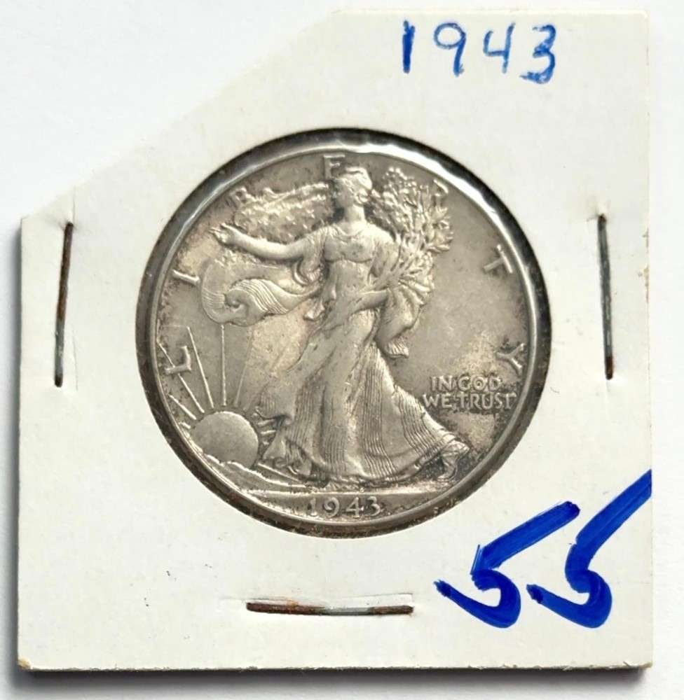 1943 Walking Liberty Silver Half Dollar AU55: Winner shall receive the exact coin shown here. (SJ/B)
