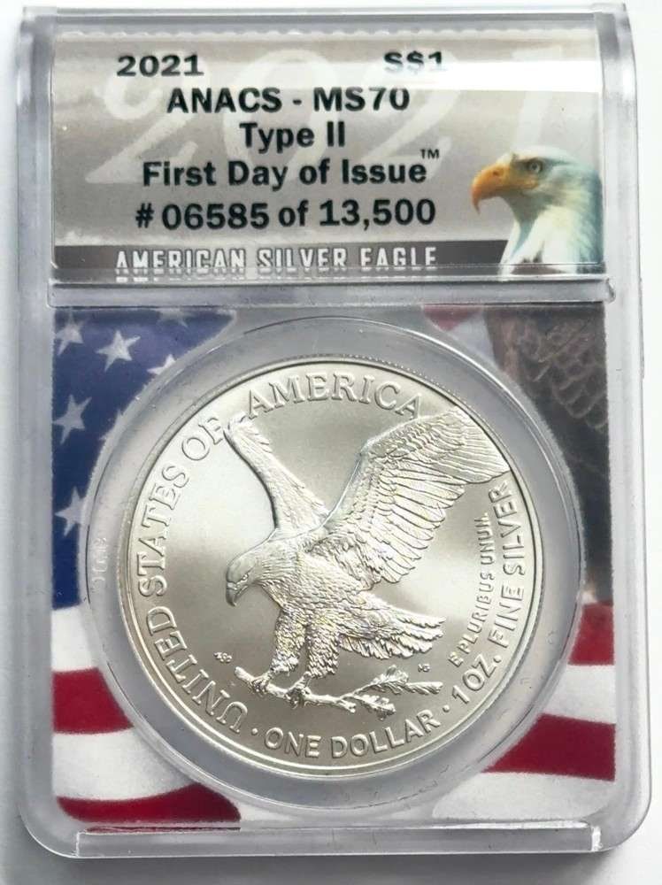 2021 American Silver Eagle Type-2 ANACS MS70 First Day of Issue: Winner shall receive the exact coin shown here. (SJ/B)