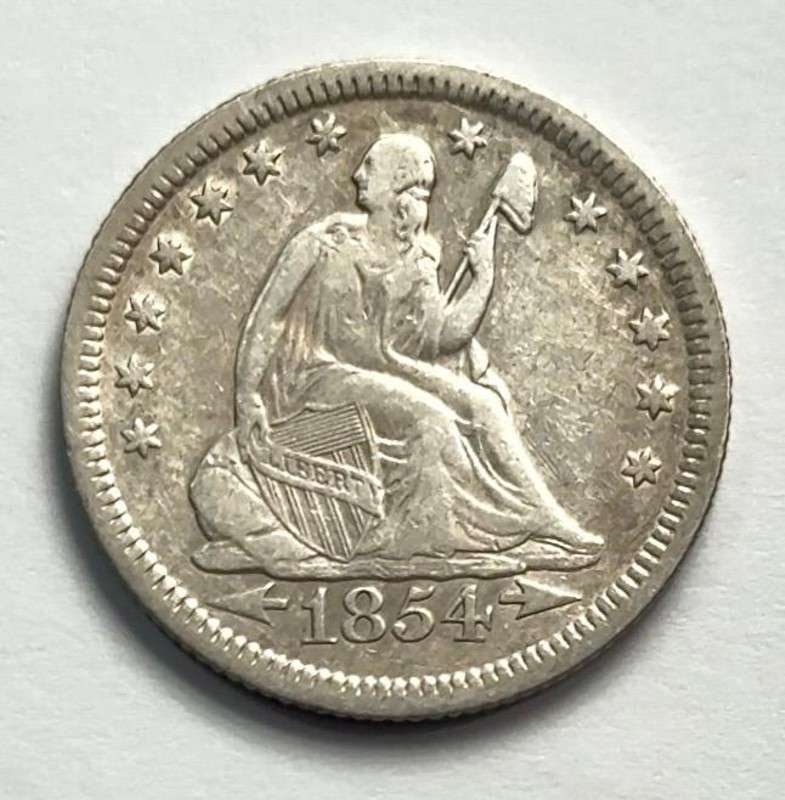 1854-O Seated Liberty Silver Quarter W/ Arrows AU55: Winner shall receive the exact coin shown here. No box or COA. (SJ/LBB)