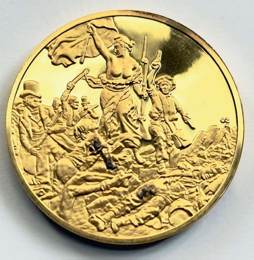 Franklin Mint "Liberty Leading the People" 24Kt Gold Plated 2.33 ozt .925 Silver: Winner shall receive the exact medal shown here. This medal is from the Franklin Mint's 100 Greatest Masterpieces set. (SJ/B)