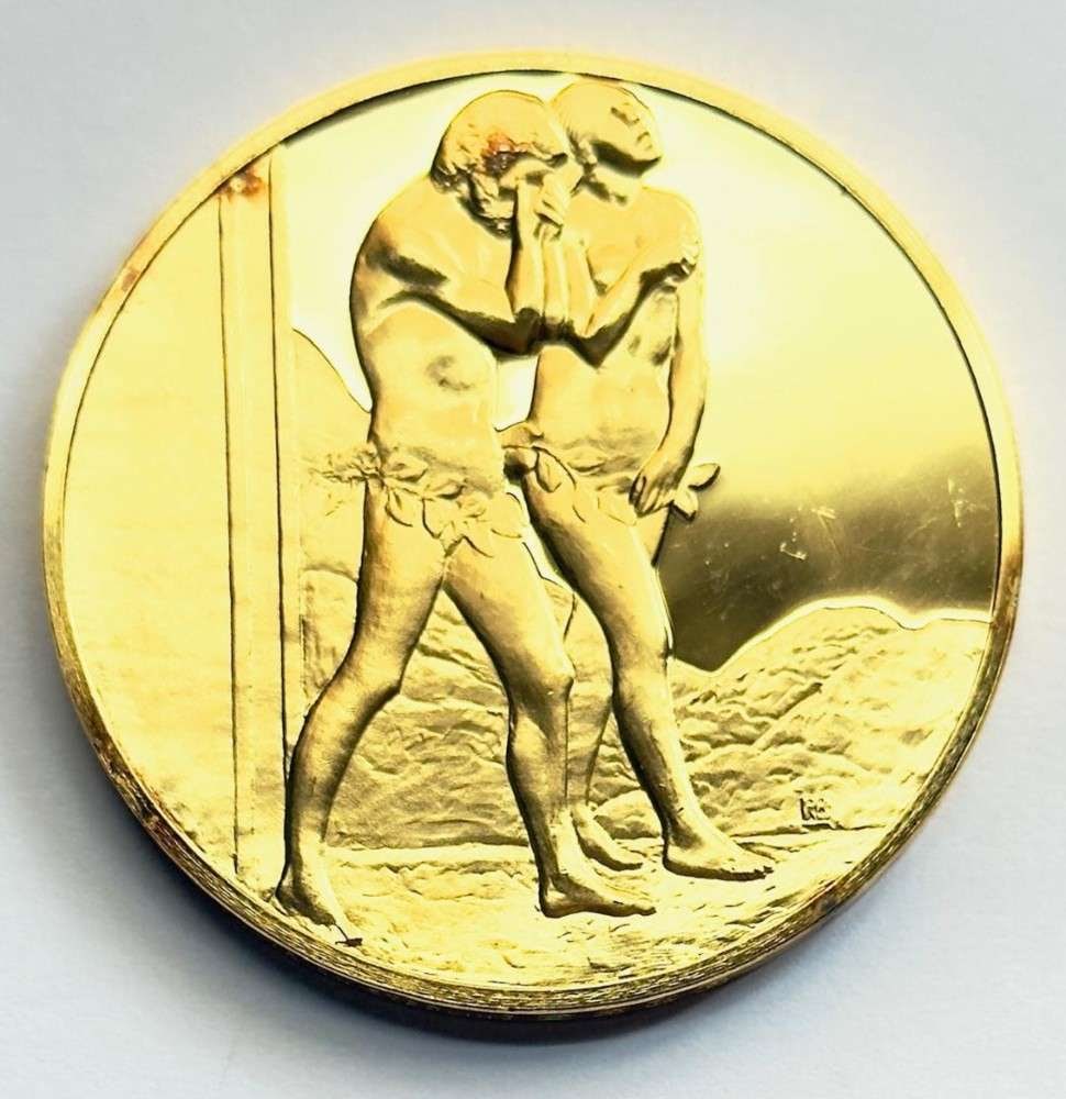 Franklin Mint "Expulsion from Paradise" 24Kt Gold Plated 2.33 ozt .925 Silver: Winner shall receive the exact medal shown here. This medal is from the Franklin Mint's 100 Greatest Masterpieces set. (SJ/B)
