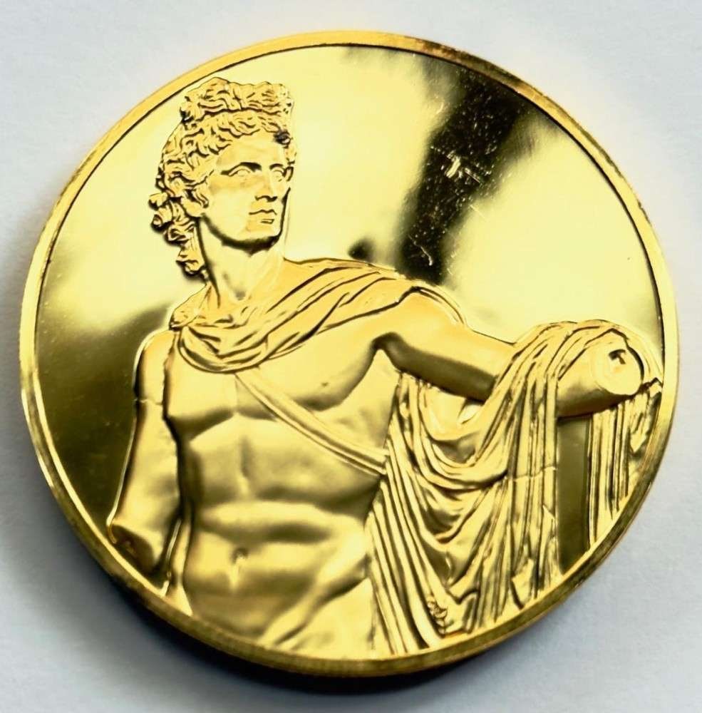 Franklin Mint "Apollo Belvedere" 24Kt Gold Plated 2.34 ozt .925 Silver: Winner shall receive the exact medal shown here. This medal is from the Franklin Mint's 100 Greatest Masterpieces set. (SJ/B)