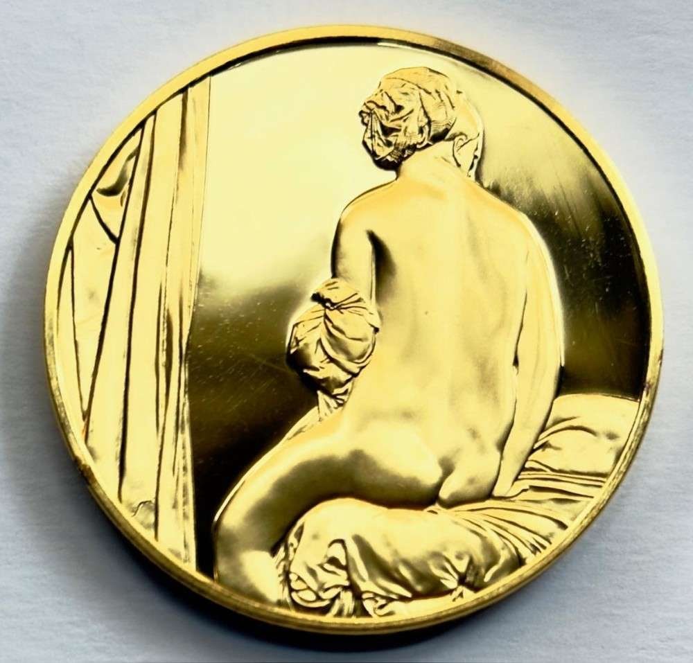 Franklin Mint "The Bather" 24Kt Gold Plated 2.34 ozt .925 Silver: Winner shall receive the exact medal shown here. This medal is from the Franklin Mint's 100 Greatest Masterpieces set. (SJ/B)