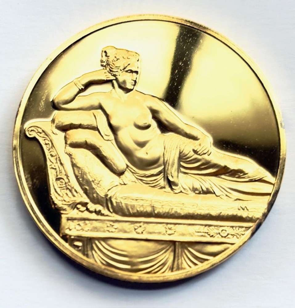 Franklin Mint "Pauline Borghese as Venus" 24Kt Gold Plated 2.32 ozt .925 Silver: Winner shall receive the exact medal shown here. This medal is from the Franklin Mint's 100 Greatest Masterpieces set. (SJ/B)