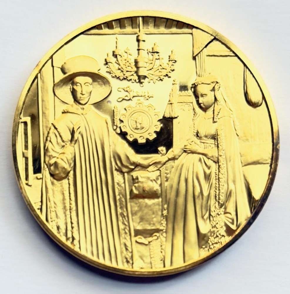 Franklin Mint "Giovanni Arnolfini and his Bride" 24Kt Gold Plated 2.34 ozt .925 Silver: Winner shall receive the exact medal shown here. This medal is from the Franklin Mint's 100 Greatest Masterpieces set. (SJ/B)