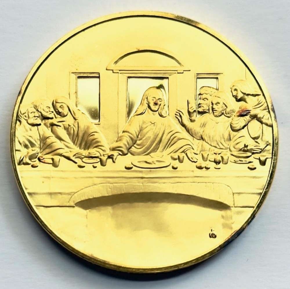 Franklin Mint "The Last Supper" 24Kt Gold Plated 2.37 ozt .925 Silver: Winner shall receive the exact medal shown here. This medal is from the Franklin Mint's 100 Greatest Masterpieces set. (SJ/B)
