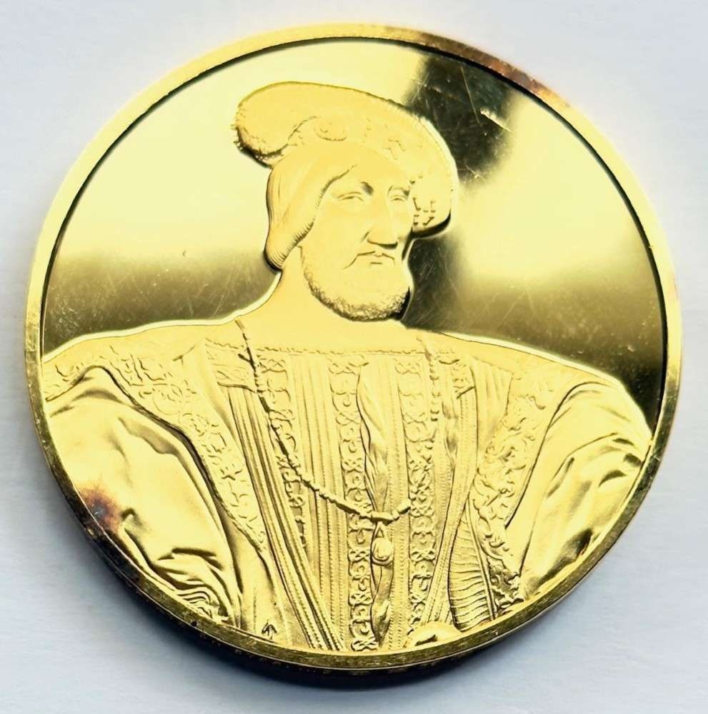 Franklin Mint "Portrait of Francis I" 24Kt Gold Plated 2.36 ozt .925 Silver: Winner shall receive the exact medal shown here. This medal is from the Franklin Mint's 100 Greatest Masterpieces set. (SJ/B)