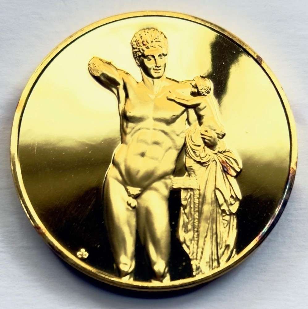 Franklin Mint "Hermes" 24Kt Gold Plated 2.31 ozt .925 Silver: Winner shall receive the exact medal shown here. This medal is from the Franklin Mint's 100 Greatest Masterpieces set. (SJ/B)