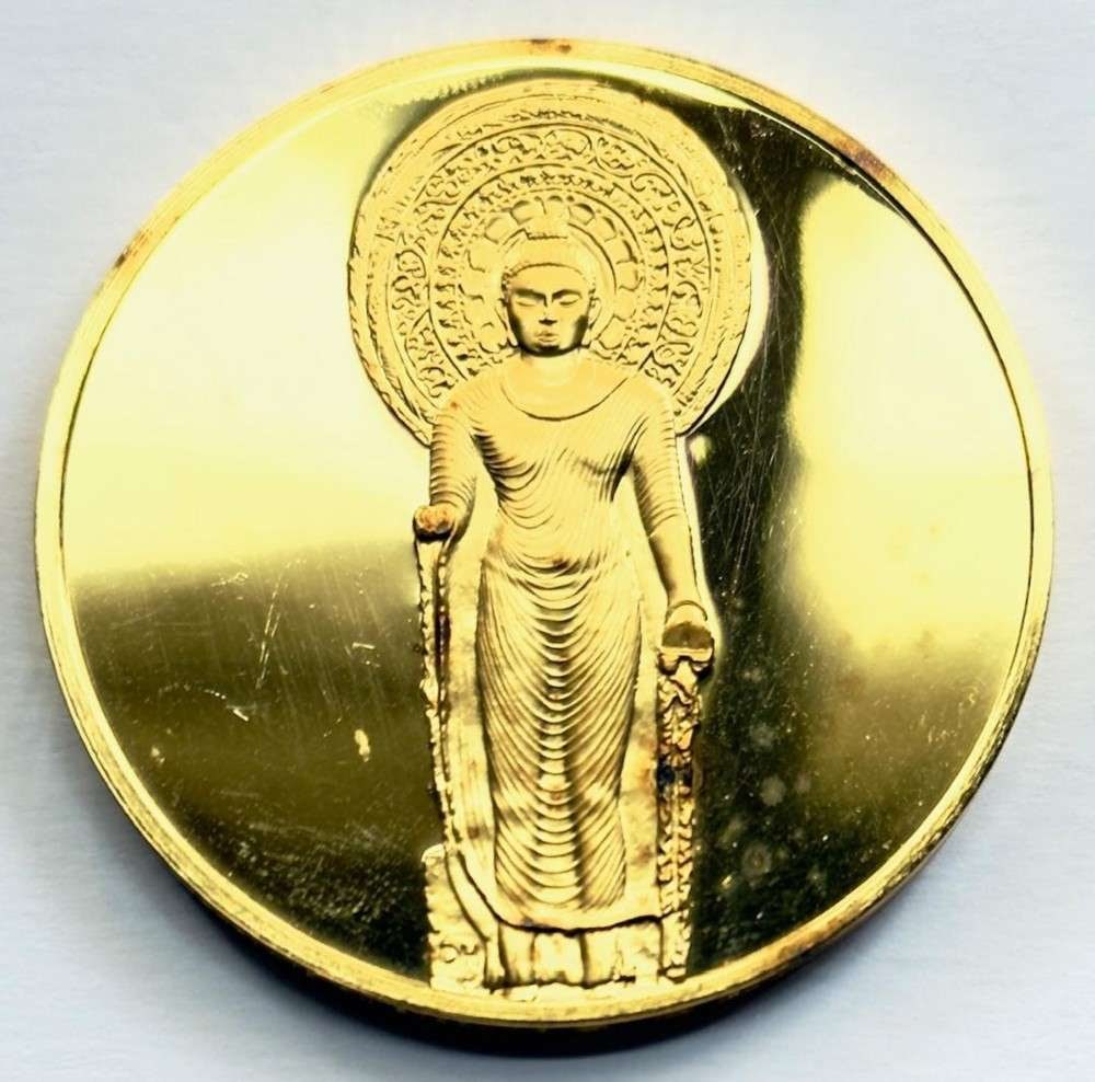 Franklin Mint "Standing Buddha from Mathura" 24Kt Gold Plated 2.31 ozt .925 Silver: Winner shall receive the exact medal shown here. This medal is from the Franklin Mint's 100 Greatest Masterpieces set. (SJ/B)