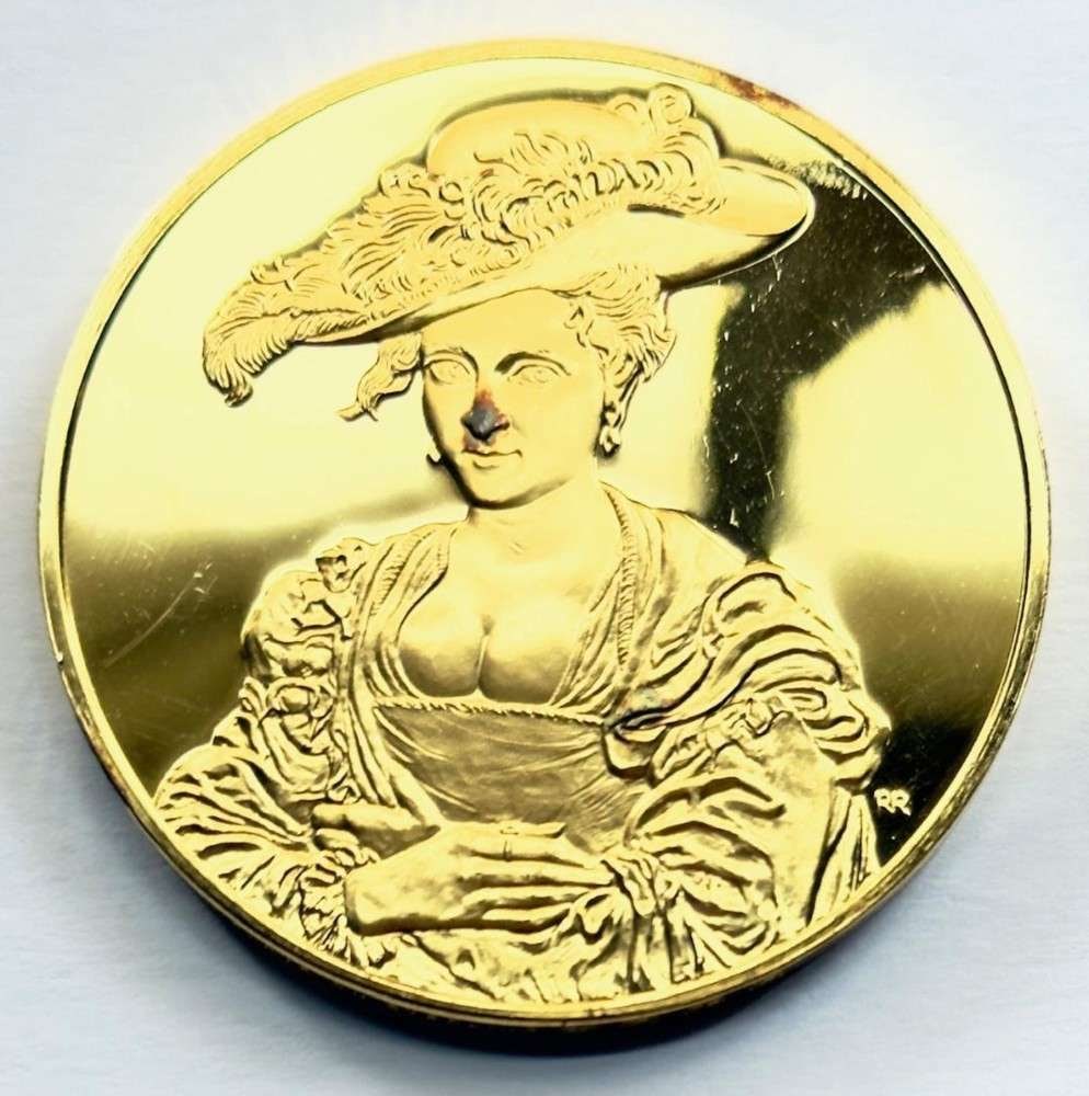 Franklin Mint "Portrait of Susanna Fourment" 24Kt Gold Plated 2.33 ozt .925 Silver: Winner shall receive the exact medal shown here. This medal is from the Franklin Mint's 100 Greatest Masterpieces set. (SJ/B)